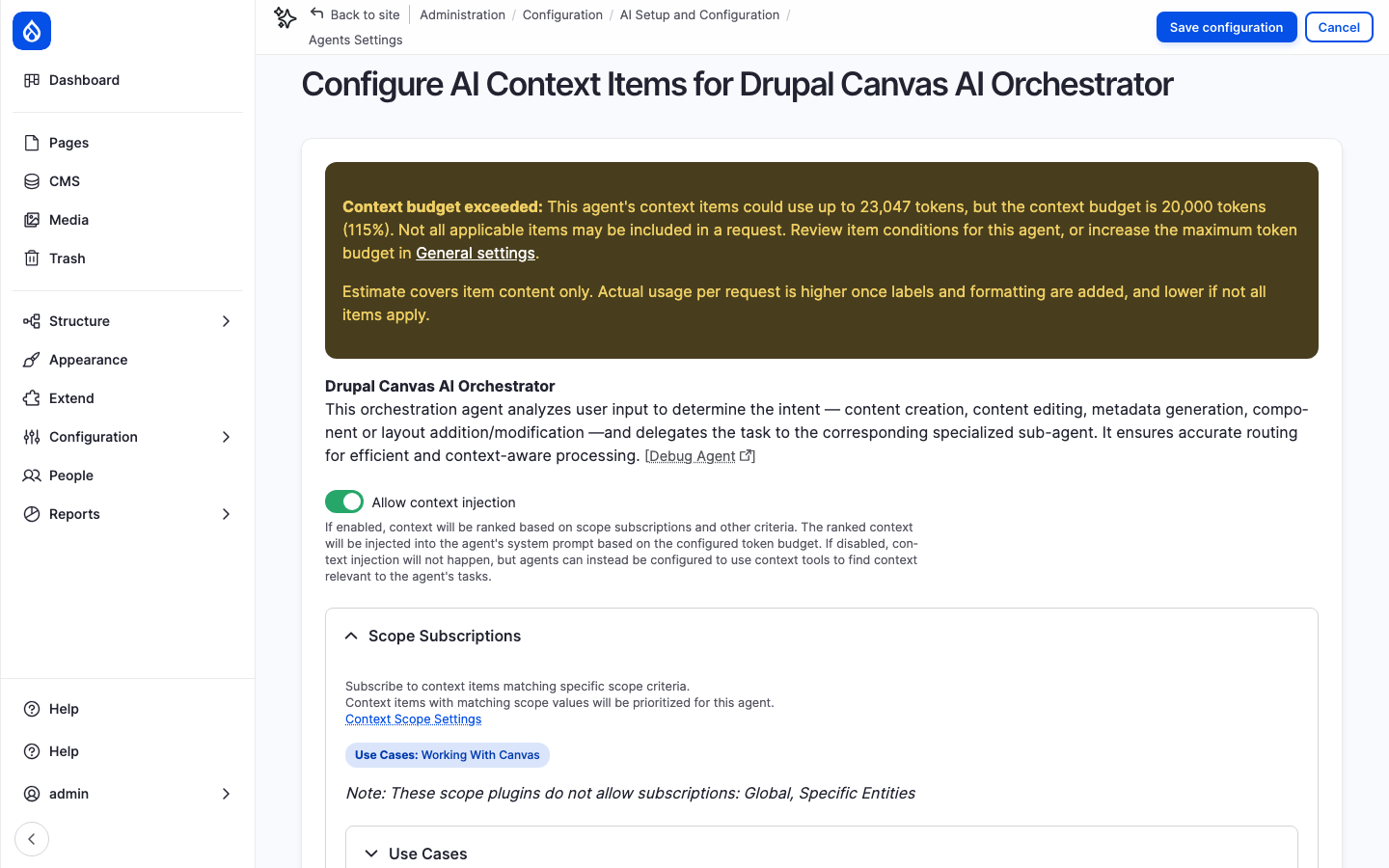 Screenshot of the agent context settings page with token budget information when limits may be exceeded