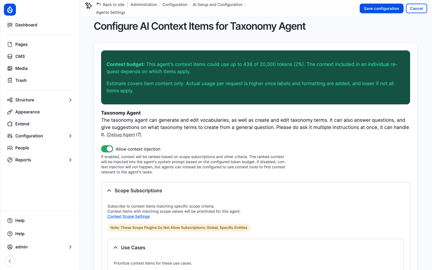 Screenshot of the agent context settings page with token budget information when within limits