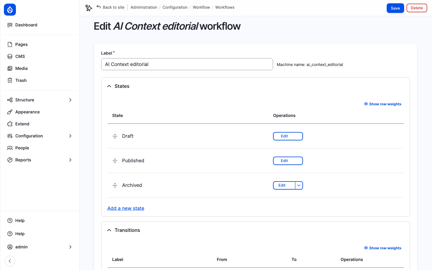 Screenshot of the AI Context editorial workflow with Draft, Published and Archived states