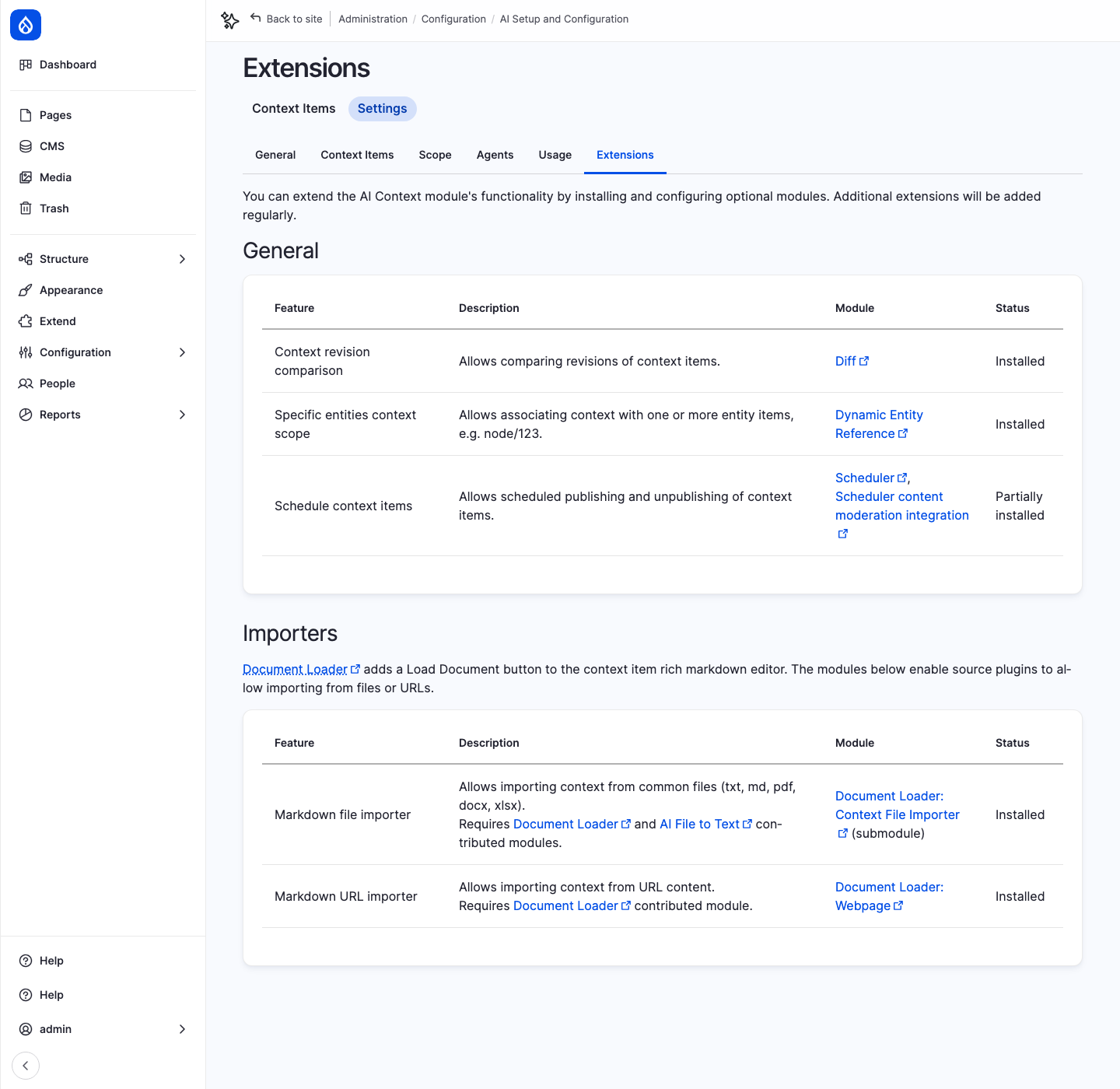 Screenshot of the AI Context Extensions page with stable Document Loader: Context File Importer submodule