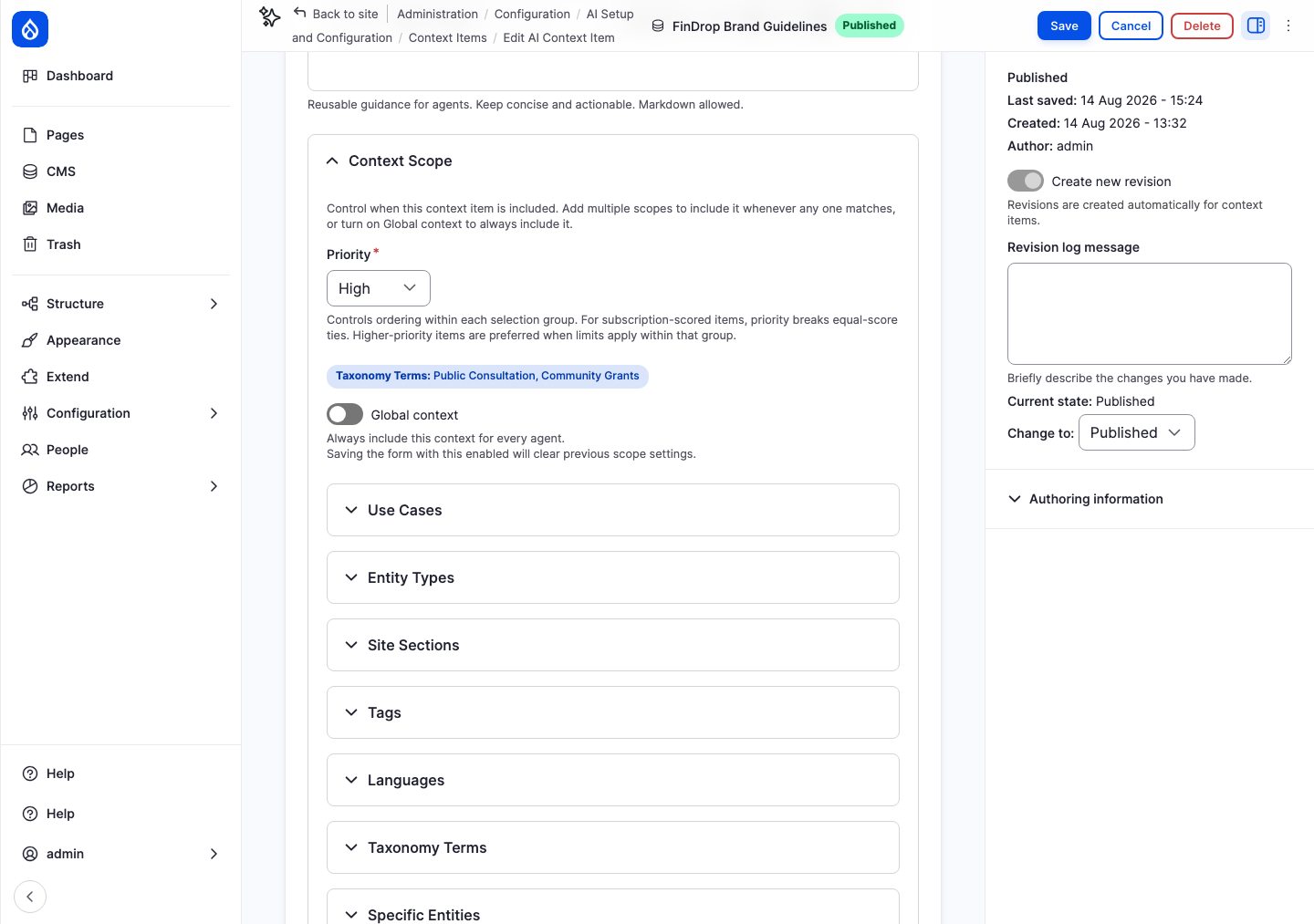 Screenshot of the context item priority field with High, Medium and Low options