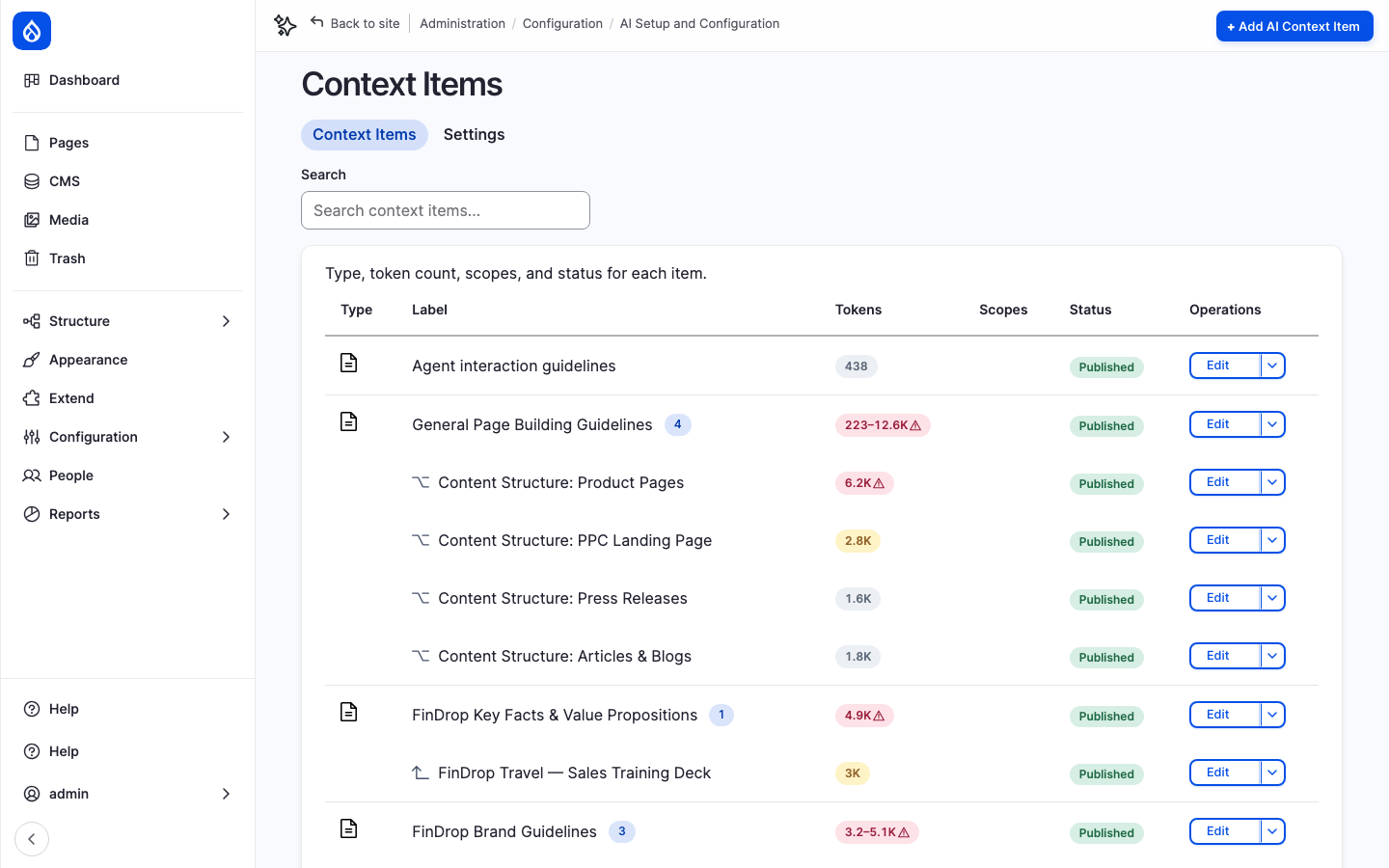 creenshot of the context items listing page with coloured token badges based on token budget
