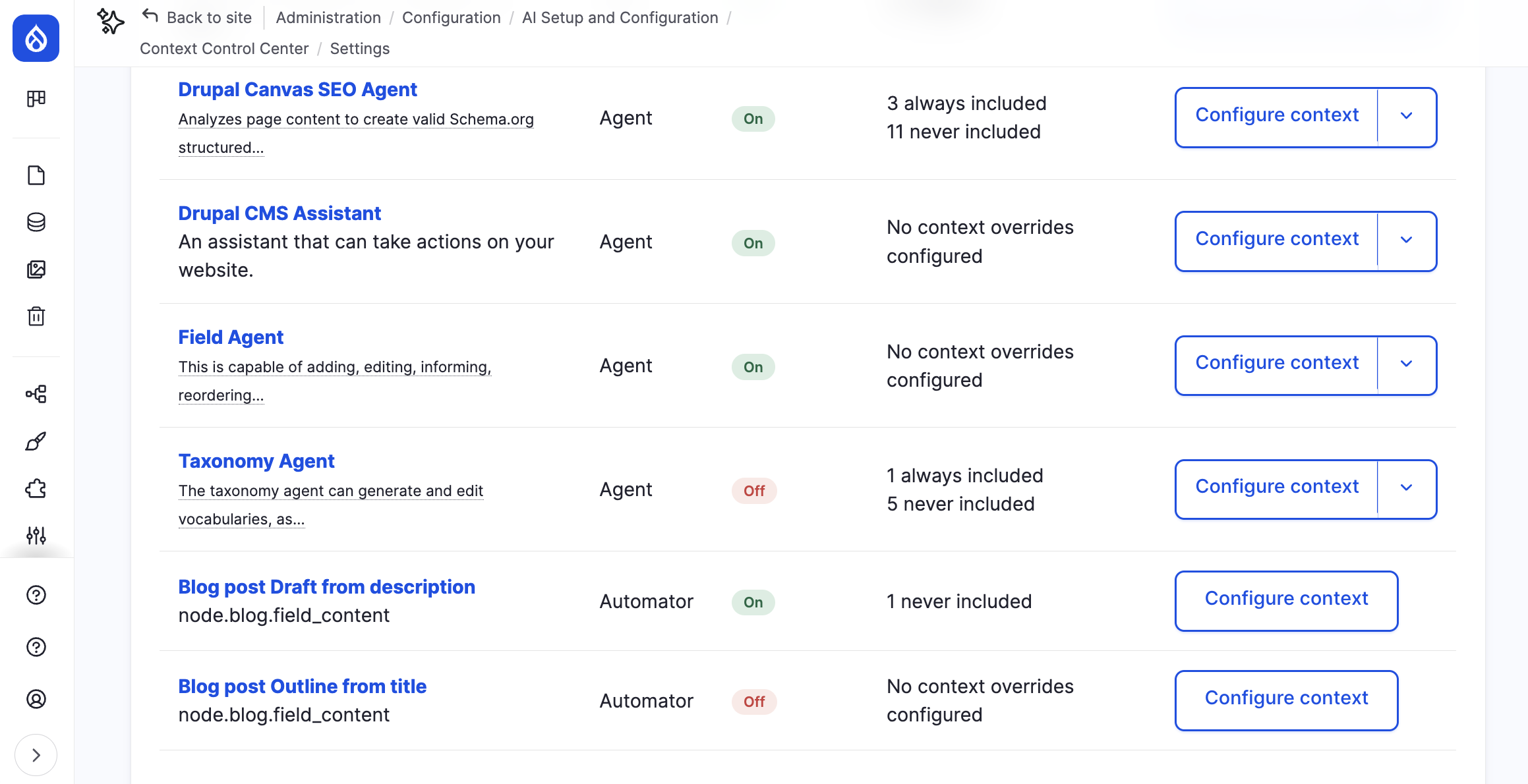A scrolled view of the Consumers settings page listing Drupal Canvas SEO Agent, Drupal CMS Assistant, Field Agent, Taxonomy Agent and two blog post automators, each with a green On or red Off automatic push badge and a summary of its context overrides