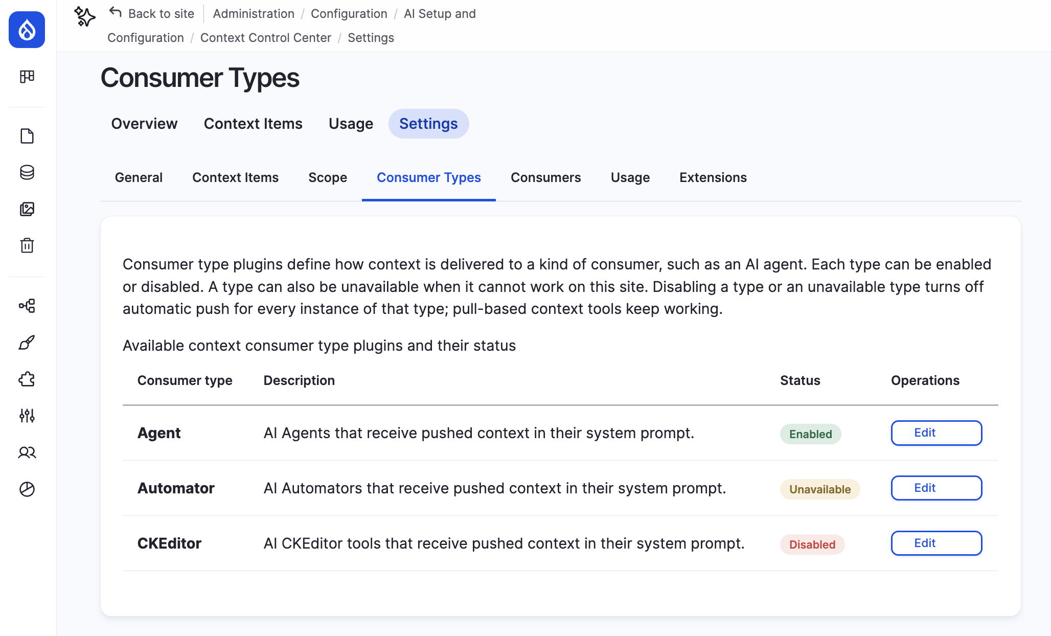 The Consumer Types settings page in Context Control Center, listing three consumer type plugins with their status: Agent (enabled), Automator (unavailable) and CKEditor (disabled), each with an Edit button.