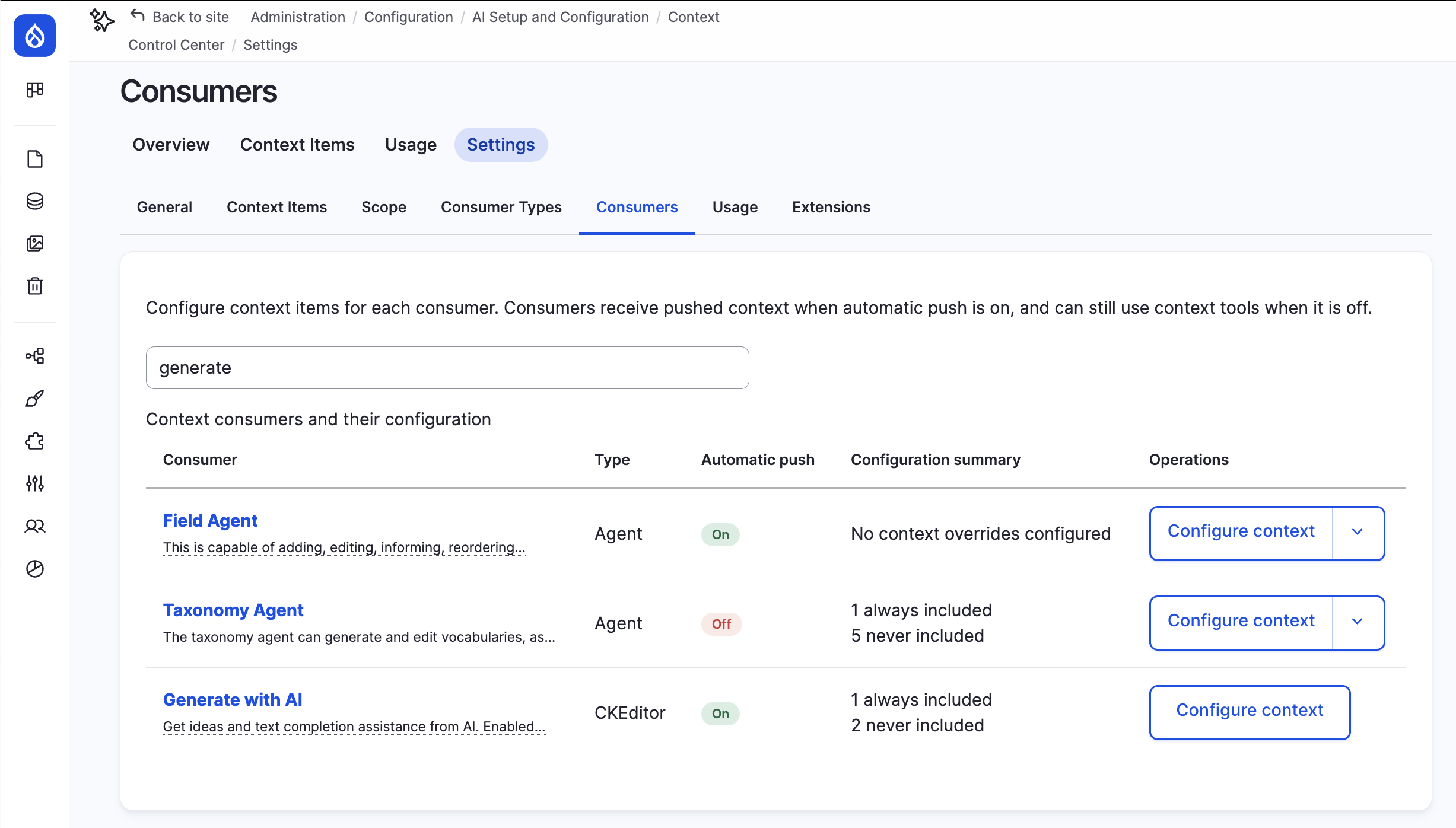 The Consumers settings page filtered by the search term