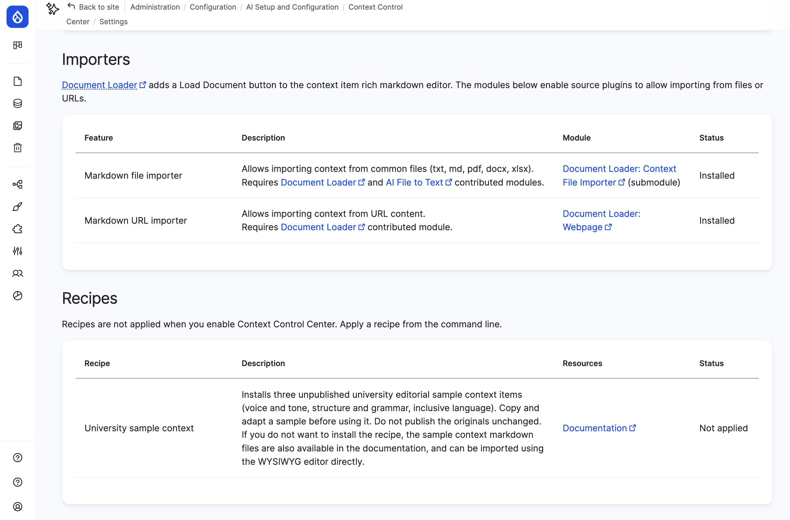 The Extensions settings page showing an Importers table with the Markdown file and URL importers marked Installed, and a Recipes table listing the