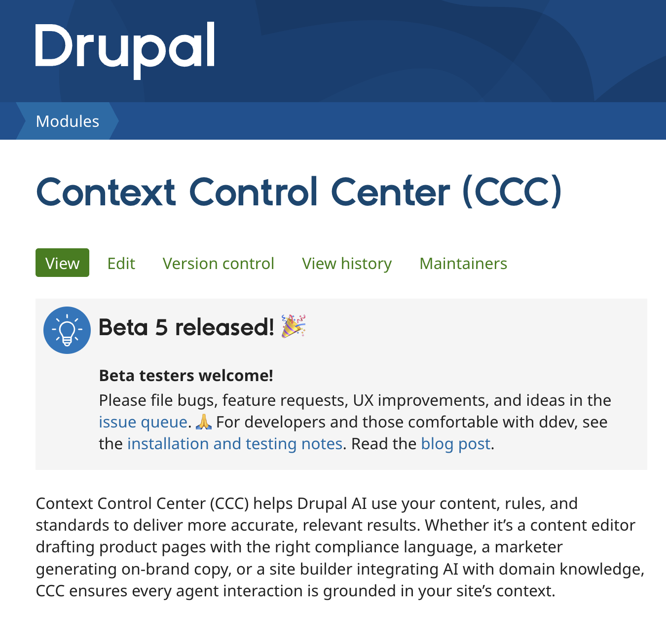 The Context Control Center project page on Drupal.org, showing a highlighted