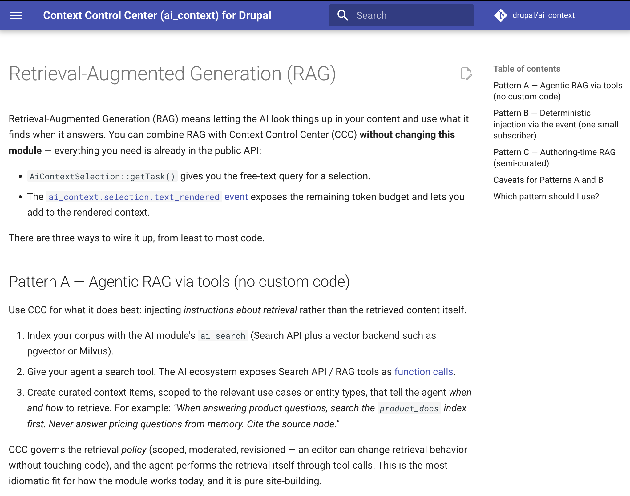 The Retrieval-Augmented Generation page in the Context Control Center documentation, explaining how to combine RAG with CCC through the public API and describing Pattern A, agentic RAG via tools with no custom code.
