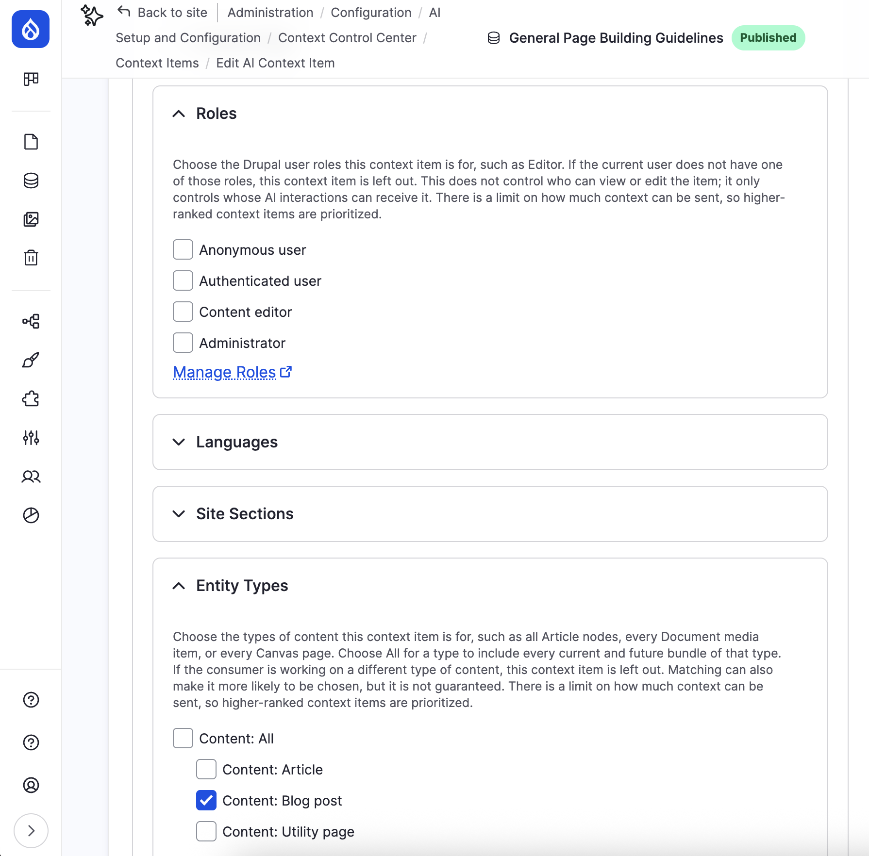 The edit form for a published context item called General Page Building Guidelines, with an expanded Roles section offering checkboxes for Anonymous user, Authenticated user, Content editor and Administrator, and an expanded Entity Types section where Content: Blog post is ticked.