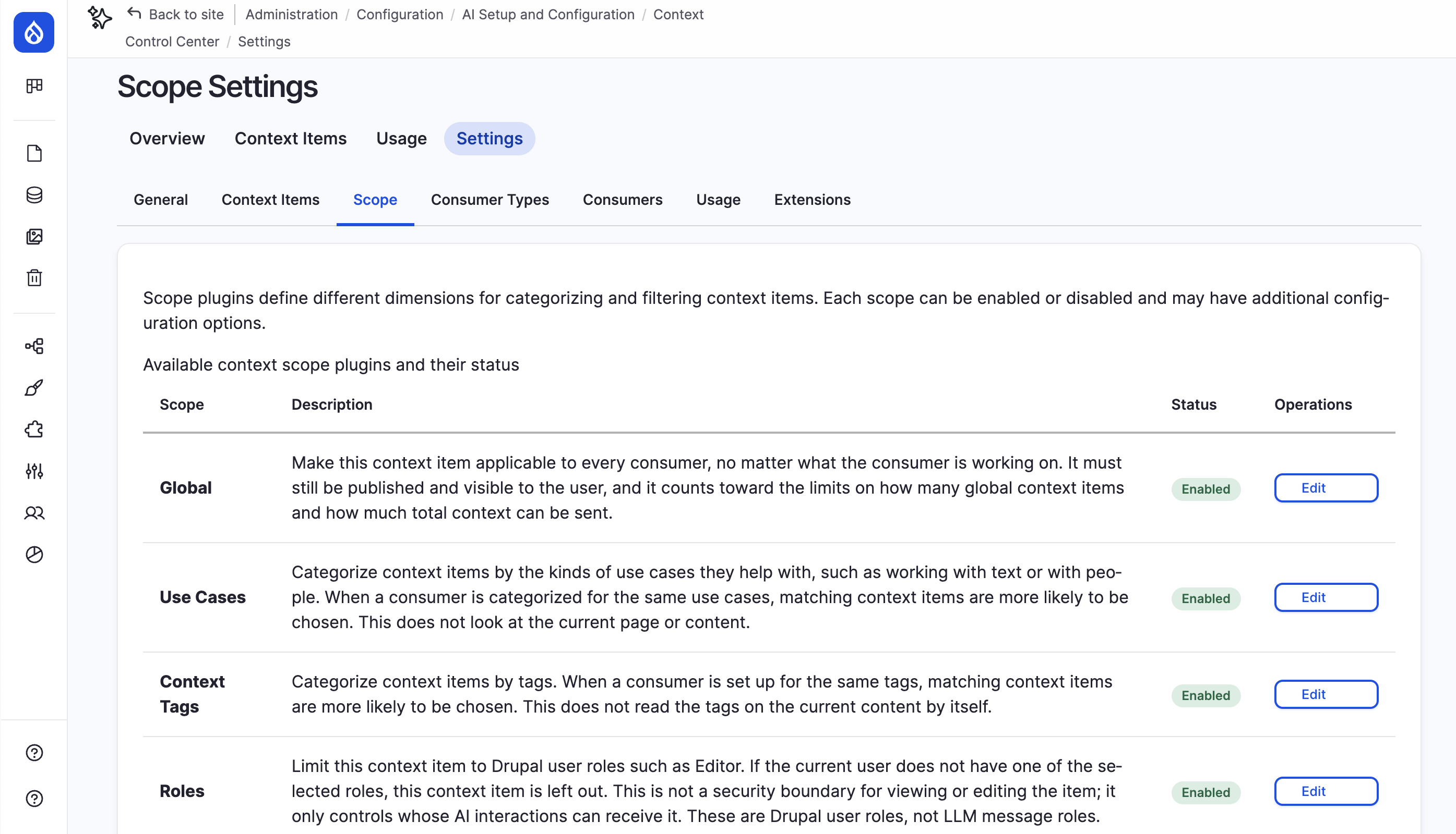 The Scope Settings page listing the available context scope plugins, with Global, Use Cases, Context Tags and the new Roles scope all marked Enabled and each row carrying an Edit button.