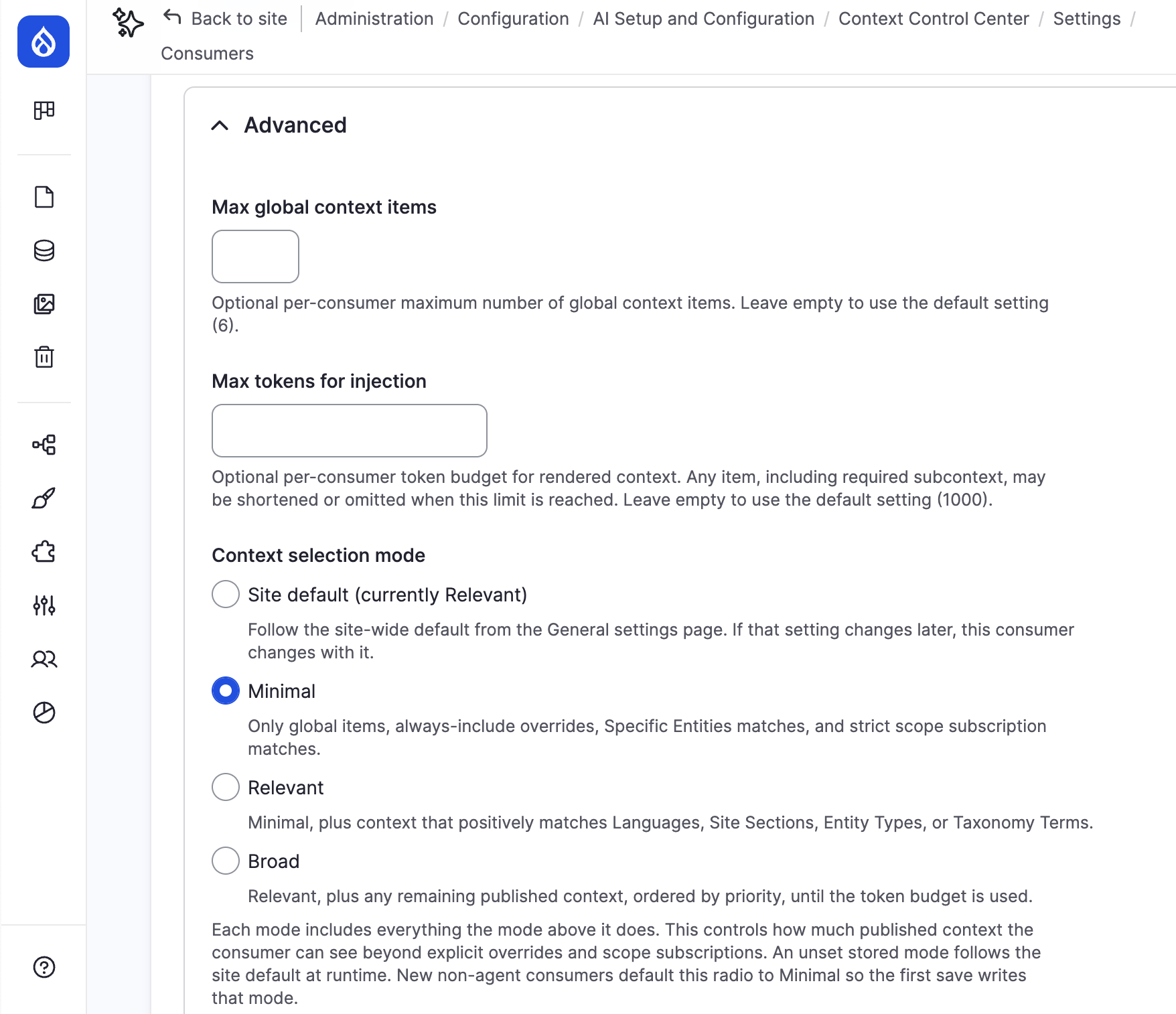 The Advanced section of a consumer's settings form, with optional per-consumer item and token limits left blank, and a Context selection mode radio group offering Site default (currently Relevant), Minimal (selected), Relevant and Broad.