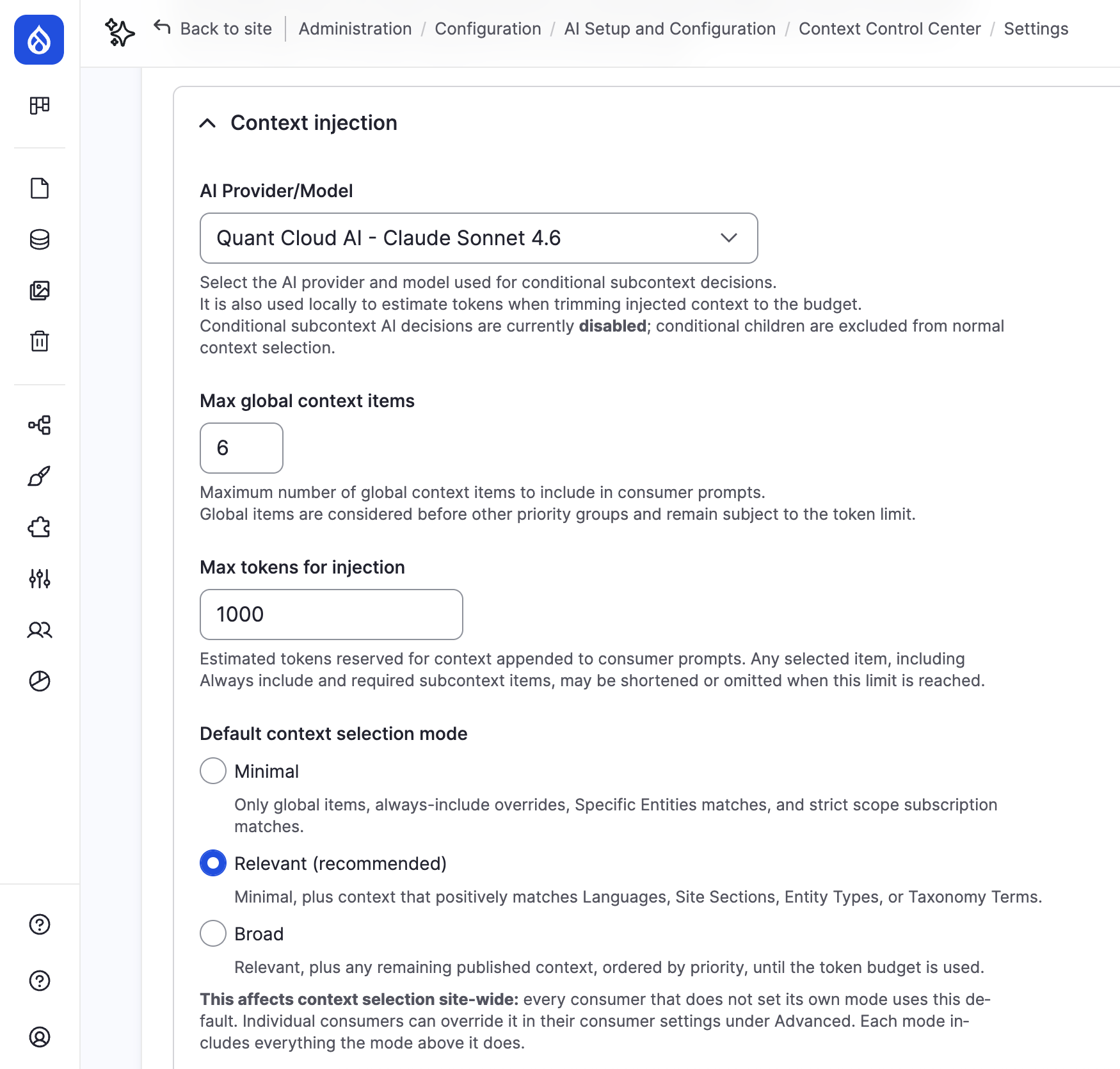 The Context injection section of the General settings page, showing AI provider, maximum global context items and token fields, and a