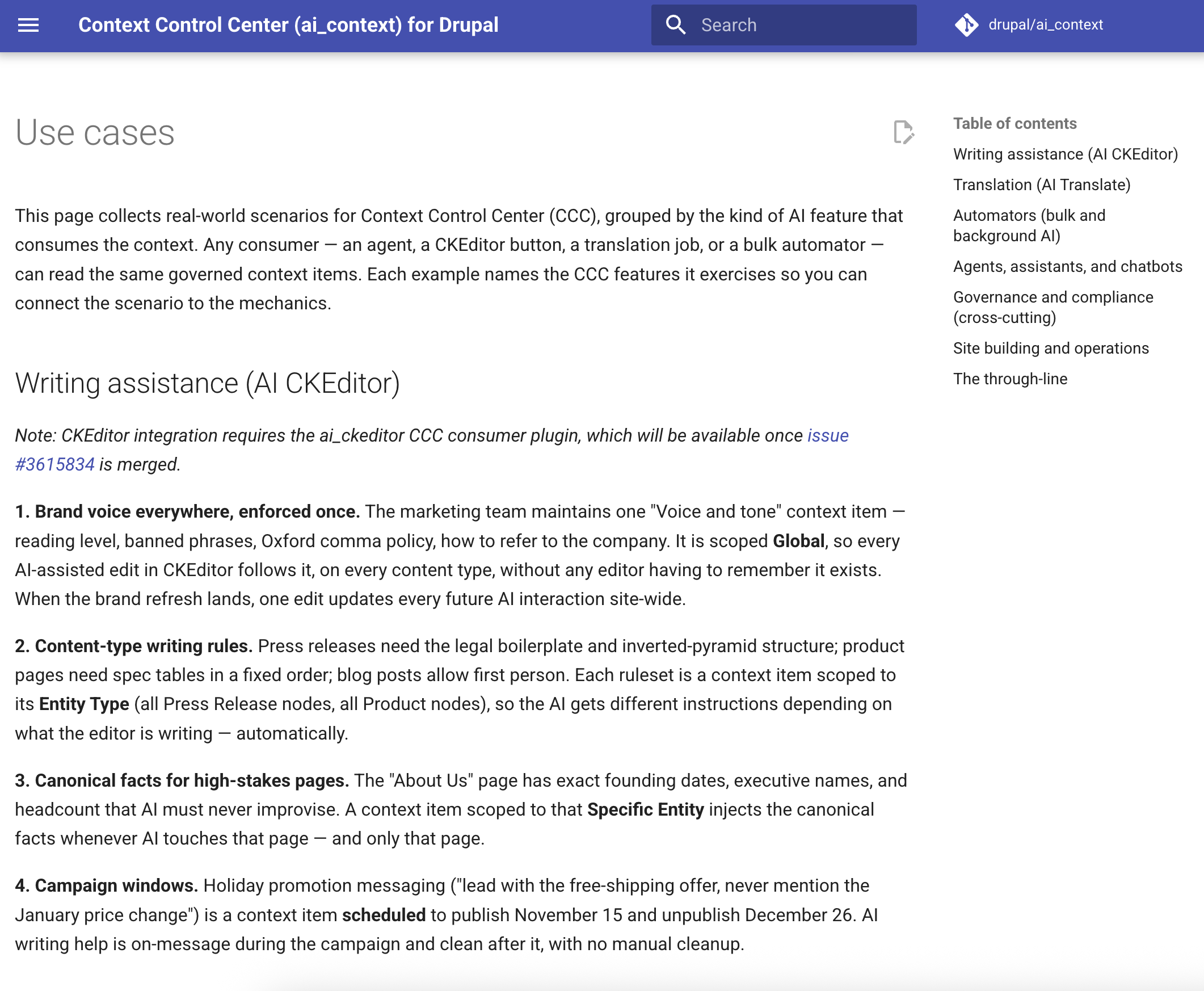 The Use cases page in the Context Control Center documentation, opened at the