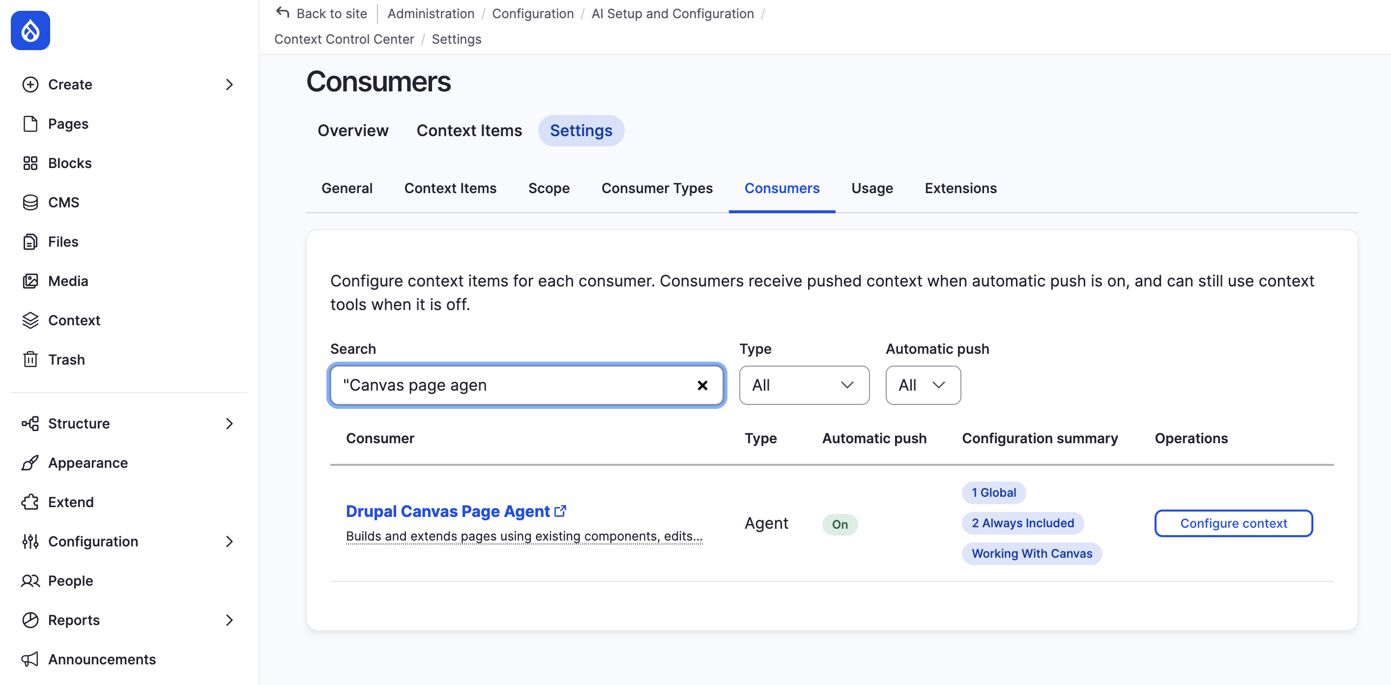 The Consumers settings page searched with the quoted phrase