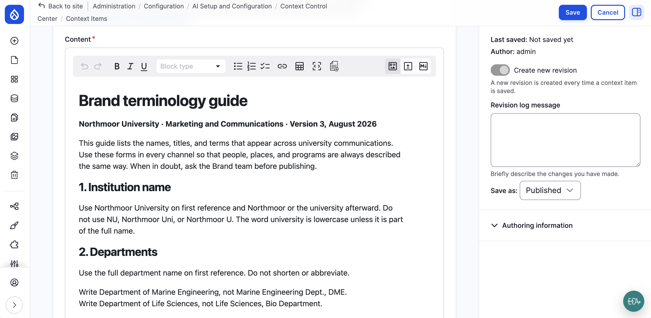 A context item open in the Context Control Center editor, with content loaded from a PDF file: a brand terminology guide for Northmoor University, with sections on the institution name and department names.